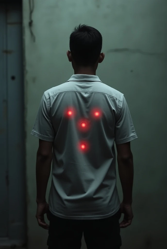 an Indonesian man with his body facing the wall, hands facing down. because it became a sniper target 3 Infra red point on back shirt
