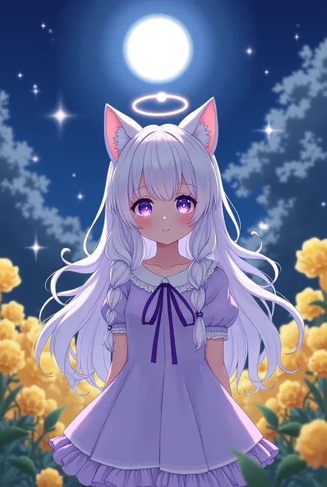 ,1 cute girl,violet angel cosplay,standing,cute face,big eyes,double eyelid,smiling,long hair,wavy hair,braided hair,white hair,mediumorchid eyes,looking at viewer,night,moon,flower garden,cat ears,yellow having flowers,illustration style,masterpiece, extr...