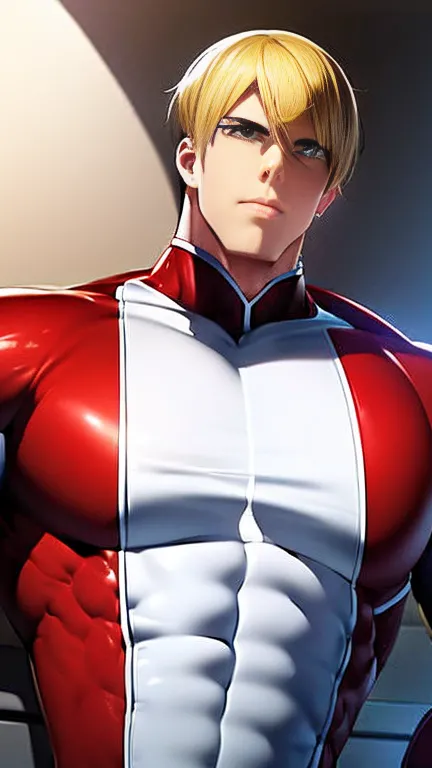 (High-definition CG), (Best Quality),   superhero with a beautiful body, Hero Costumes , Handsome and cool young man ,   Slim and Muscular  , The skin is brown,  blond hair, Frivolous