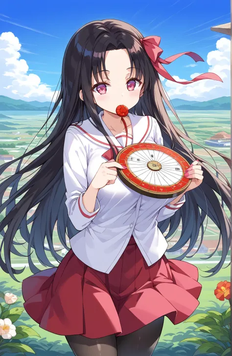 source_Cartoon, Morning Fragrance  ,    deep black hair with red ..很長Target髮, , 超長Target髮,  Pink Eyes , ribbon, Black pantyhose . black horse boots forehead ..ribbon,  Gamemun Neko ,,  1 girl in , A brown , Ahead, 頭髮ribbon, common, long hair,  Black and Re...