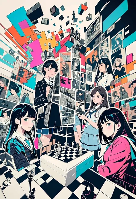 (masterpiece, best quality),(multiple exposure:1.2), woodblock print collage depicting,(two girls playing chess,teenage,school uniform,in weightlessness classroom),surrounded by chess pieces symbols,serious, splash color,collage art,