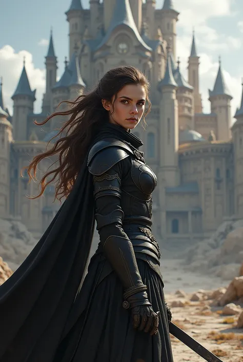  A large palace ,  with brown eyes standing in front of the palace, brown hair,  a warrior girl . Fictional universe . Let the girls clothes be black and not too light