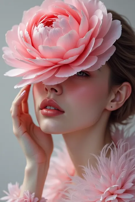 A pink woman who covers her face slightly with flower ranunculus and is smiling while looking at a place other than the front