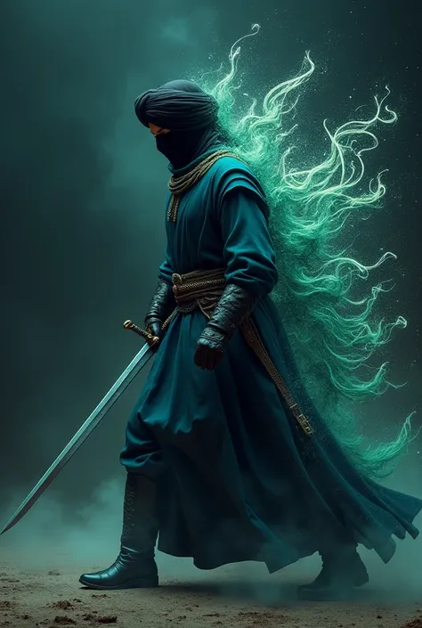 (photorealism:1.2), a warrior with a open sword in hand turning into Arabic calligraphy, moving forward, wearing black turban, bottle green and royal blue combination, face is covered, dark mode. Realistic. Side view