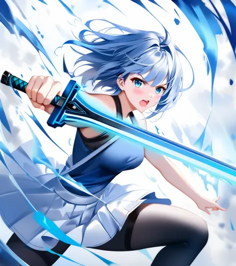  Girl with Blue Lightning Sword。, Move fast with all your strength 、  Dramatic Sword Stance , brandishing powerful sword,  Advanced Digital Watercolor Art ,