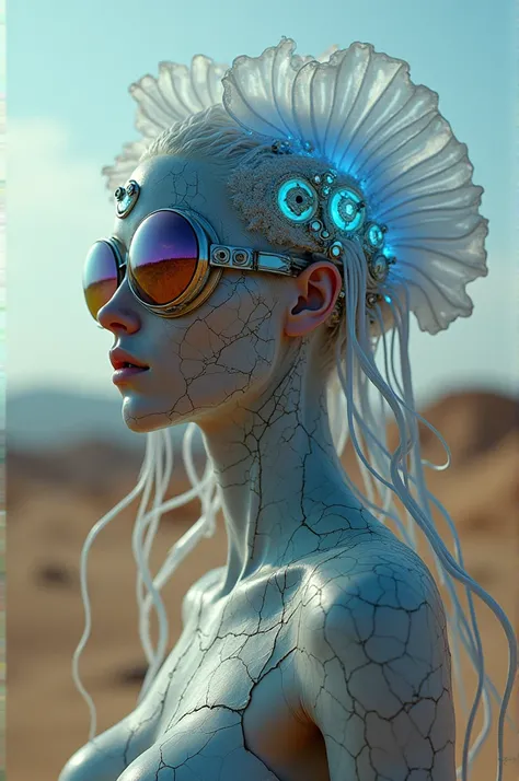 Ethereal cyborg man ,  bioluminescent jellyfish hat. Steampunk goggles merge with translucent tentacles. Cracked porcelain skin meets iridescent scales. Mechanical implants and delicate tendrils intertwine. Human characteristics with an otherworldly glow. ...