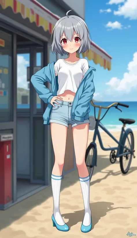 masterpiece, Best Quality,  Hi-Res,  very detailed,((( pretty girl with gray hair who has decided to pose))), ((( Japanese Anime ))), ((( unkempt short hair))), ((( white t-shirt ))), ((( Light Blue Cardigan))), ((( hotpants))), ((( white and light blue hi...