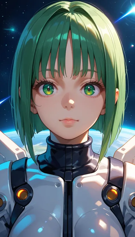 long shot, anime girl angel, straight view, beautiful sharp nose, thin nose line, dim nose, off nose light, depth of face, off nose shadows and off light on nose,, looking at viewer, wearing space suit, space dress, looking at viewer, portrait mode, smily ...