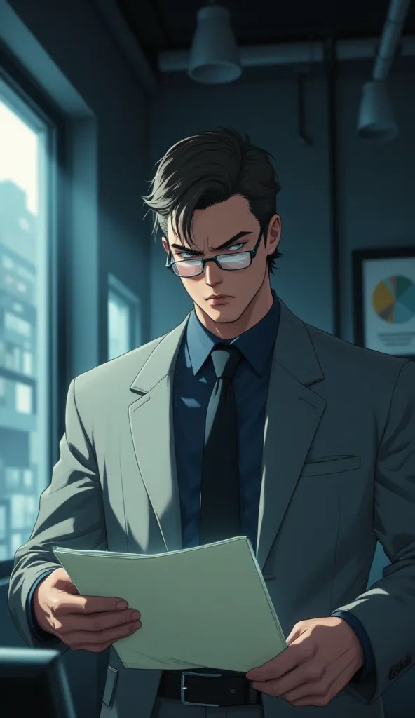 (anime-style, tense office lighting) {a stern, boss in a gray suit and glasses, looking down at the project folder with a disapp...