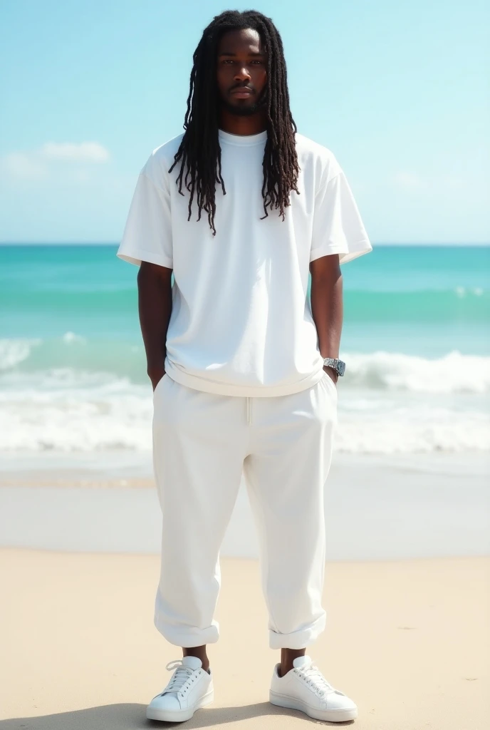 Black guy with dreadlocks at the beach dressed in an urban all white outfit, long sleeved Tshirt and sneakers