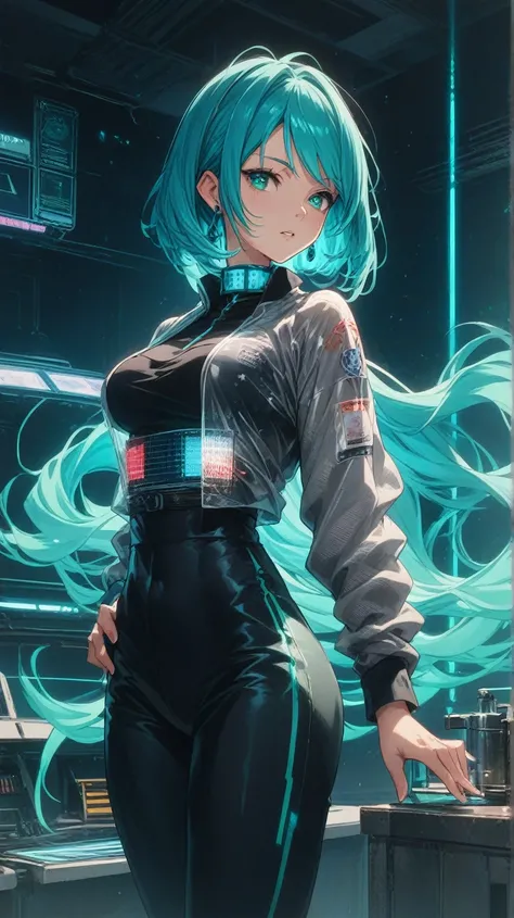 An anime girl with vibrant teal hair styled in a sleek bob with side-swept bangs, dressed in a black buttoned shirt with metallic details along the cuffs and collar. She stands with one hand on her hip, her expression focused as she looks off to the side. ...