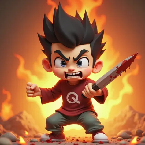 Hand in hand with a long knife，Bloody ，3d cartoon，"Qin" logo， with angry flames in magma in the background。