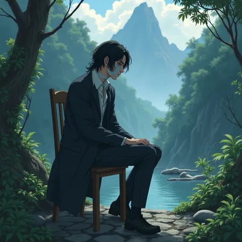 A man sitting alone after a fight and his face is injured wearing formal dress like anime cracthers, cout pants, long hair bandages on face, setting on chair , in background river , jungle, mountain, dead bodys, 