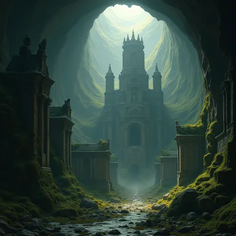 a ruined city inside a massive cave, detailed architecture, crumbling buildings, worn stone walls, moss-covered structures, beams of light shining through cracks, dramatic shadowy atmosphere, moody lighting, intricate textures, photorealistic, cinematic, 8...