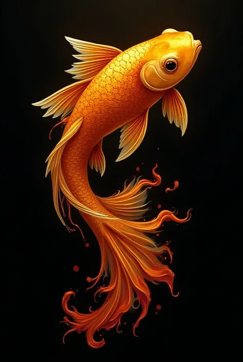 Abstract Flowing goldfish tattoo with a tail that looks like fire