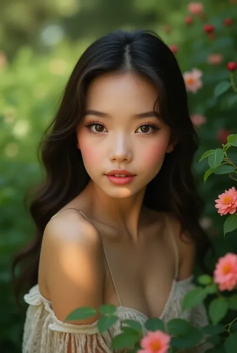 a highly detailed photograph of a girl in a garden, beautiful detailed eyes, beautiful detailed lips, extremely detailed eyes and face, long eyelashes, beautiful girl, elegant dress, cinematic lighting, photorealistic, 8k, ultra-detailed, realistic, photo-...