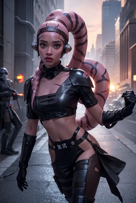 star wars, young twilek woman in her teens, two head tails, colored skin, pink skin, bare midriff, black armor, city background