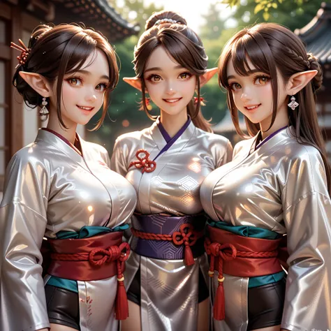 4 girls, Breasts, smile, langes Haar,  BROWN HAIR, Breasts, Lens reflection, Reflected light, In extremely tight shiny silver metallic Miko kimono,Make-up, pointed ears, 