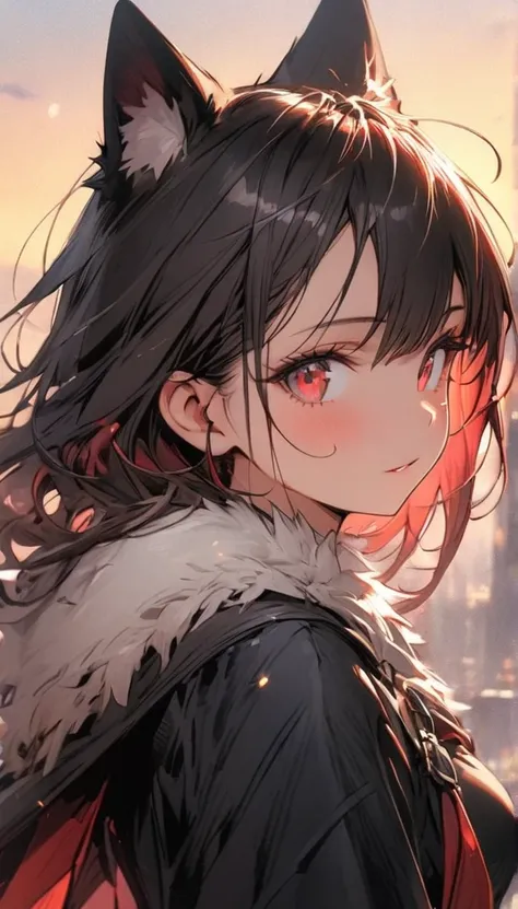  dont stub style, masterpiece, Best Quality, Super detailed, Illustration,  1 girl, Long black hair, Bright Red Eyes,   in the ears of wolves , Black Cape, Fluffy color , sunset