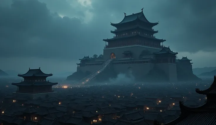  Huge and magnificent classical Chinese architecture，Top view，Dark and terrifying， Few lights ，Densely populated houses，Tall （ high quality， Extremely epic style ）