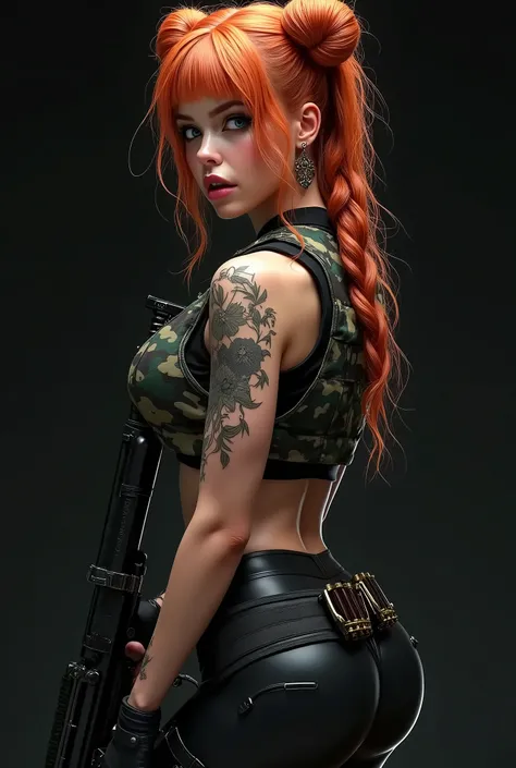 Full general shot of half the body from the back in a high angle, looking sideways at the viewer, very technological, perfect image, 8k, of a woman with orange-red hair with two twin buns on the sides of her head, very long wavy hair, with bangs, very long...