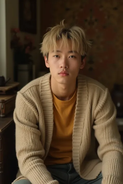  Create an integral image of a Korean male in an artistic and cozy environment,  with earthy tones and soft and intimate lighting . He has blonde hair,  slightly messy ,  falling naturally around his face .  He wears a beige knitted sweater over a mustard ...