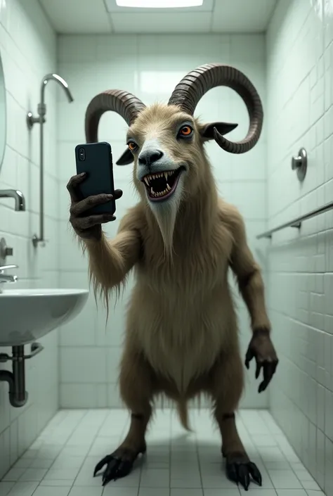 An evil goat standing 
 Like a person taking a picture with an iPhone in the bathroom 