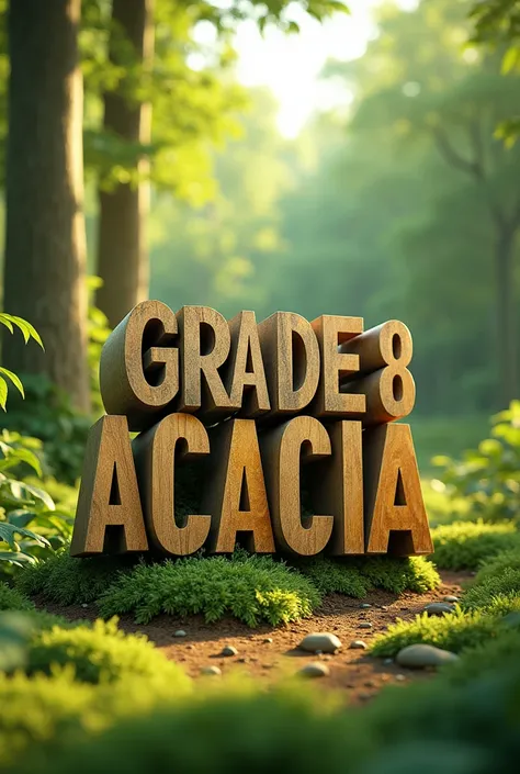 Create a profile picture with the 3D realistic letters "Grade 8 Acacia" all in capital letters with a vibrant greeny background with trees and sunlight. The letters "Grade 8"is  on the first line and on top of the letters "Acacia"