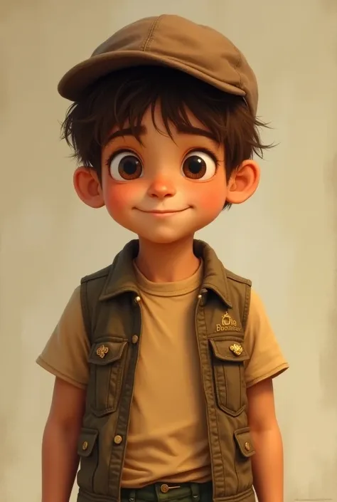   boy with tender face ,  brown hair , brown cap ,  camel t-shirt and brown vest ,  moss green shorts similar to the girl in the previous image