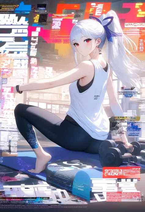 a woman in gym clothes,tank top,leggings,athletic,fit, dynamic pose,fitness center,dumbbells,yoga mat,warm lighting,4k,detailed,cinematic, jingliu,1girl,white hair,long hair,ponytail,hair ribbon,red eyes, earrings, jewelry, full body, back view,sitting dow...