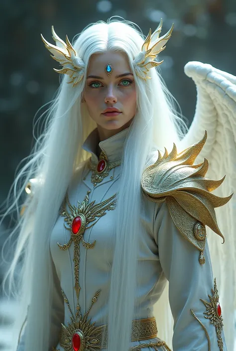  to create a creature from mythology  ,  he has one green eye and one blue eye ,  her hair is white and long ,  he has a golden dragon wing ,  white and glowing from within , he wears medieval clothes and ruby armor ,  also uses Valkyrie ,  There is a smal...