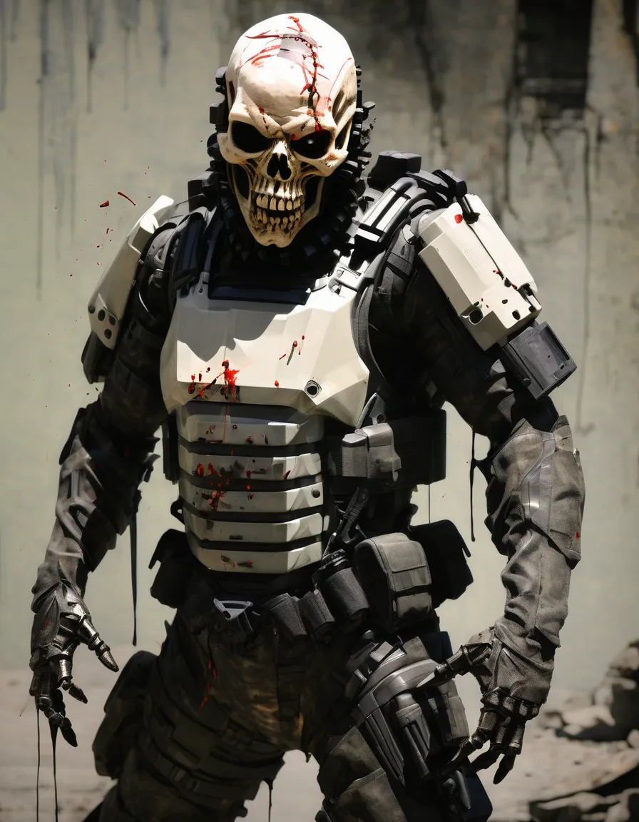 decaying zombie special forces soldier wearing futuristic neoprene body armor
the zombie soldiers face is decomposed and skeleta...