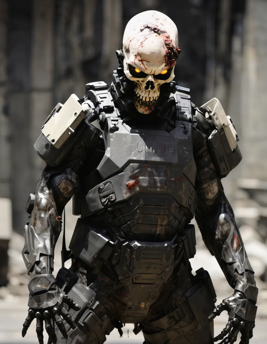 decaying zombie special forces soldier wearing futuristic neoprene body armor
the zombie soldiers face is decomposed and skeleta...