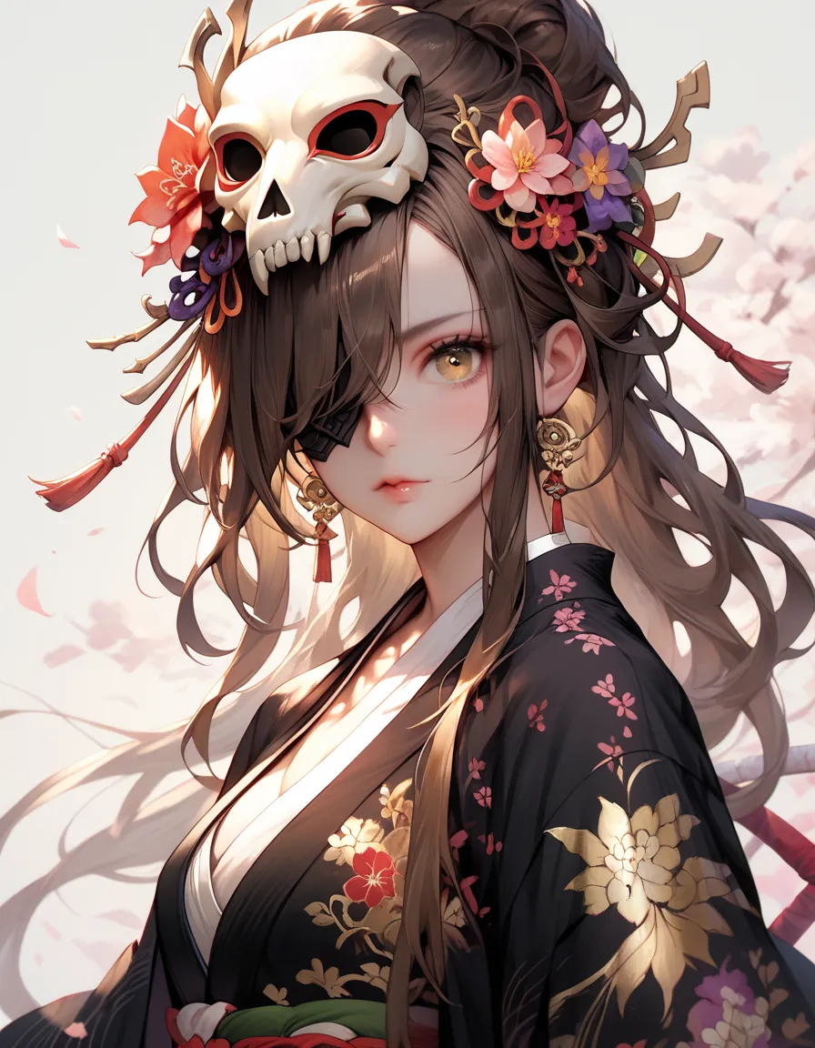 score_9, score_8_up, score_7_up, score_6_up, 1girl, solo, long hair, looking at viewer, brown hair, brown eyes, yellow eyes, upper body, flower, japanese clothes, kimono, mask, floral print, one eye covered, black kimono, skull mask
