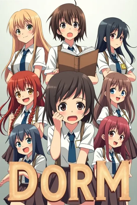 Ornate funny lettering  "dorm"  in anime style surrounded by 4-8 cute people different anime girls in the strict uniform of a womens academy ( white shirt and brown skirt ),( , the main character is an absolutely flat-chested brown-eyed hooligan brown-hair...