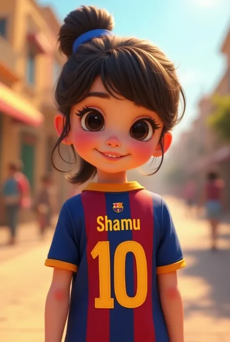 A cute girl wearing Barcelona jersey with named shamu & number 10 on her back