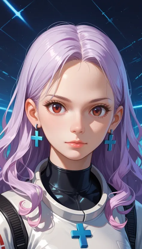 An anime girl portrait with long, flowing lavender hair styled in loose waves, dressed in a high-neck black and silver spacesuit with intricate circuitry patterns. She has soft brown eyes, a black choker with a tiny cross pendant, and silver cross, cross e...