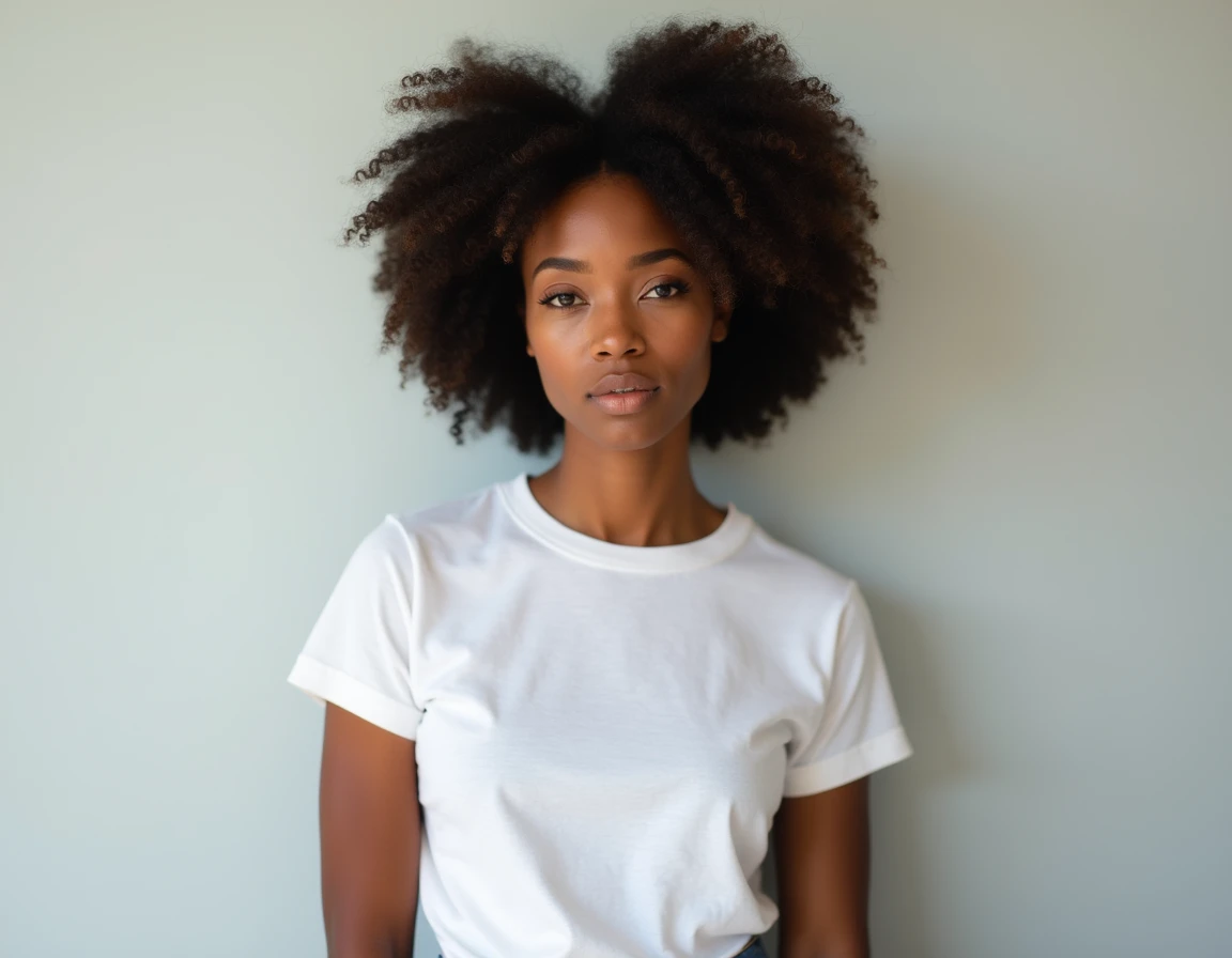 BLACK WOMAN WITH WHITE T-SHIRT SHIRT AND denim shorts
