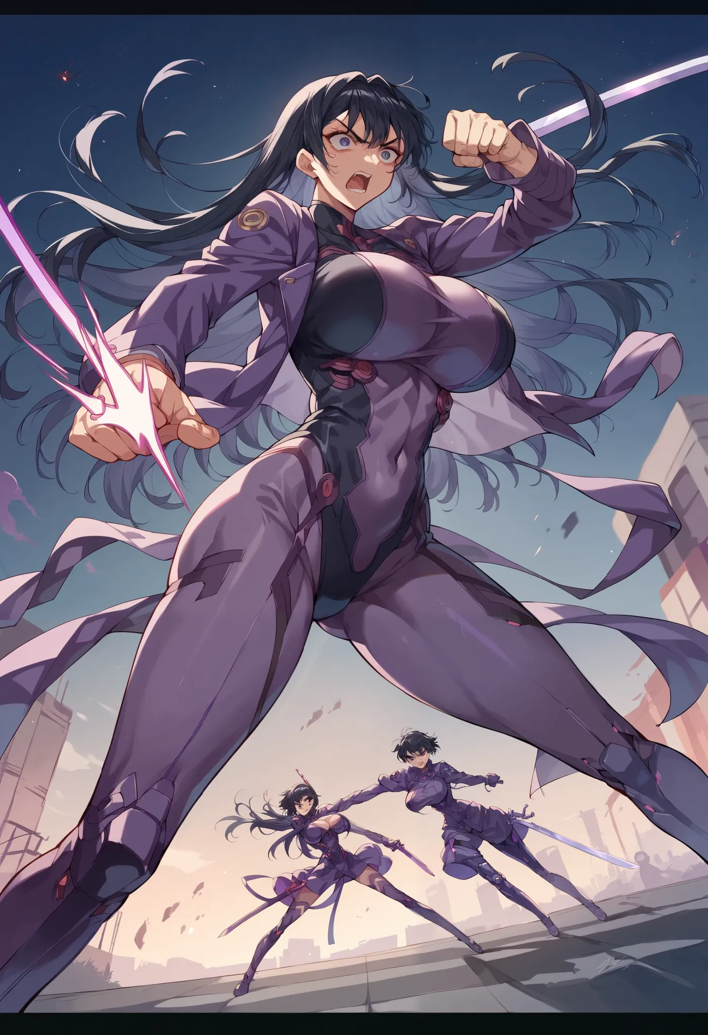 asagi igawa,asagii river、  long black hair、big breasts,purple anti-demon suit, futuristic downtown details at night 、 overlookin...