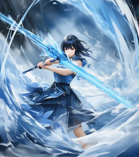  Girl with Blue Lightning Sword。, Move fast with all your strength 、  Dramatic Sword Stance , brandishing powerful sword,  Advanced Digital Watercolor Art , the flow of air appears to vibrate along the flow of the sword,fine lightning appears around the wa...