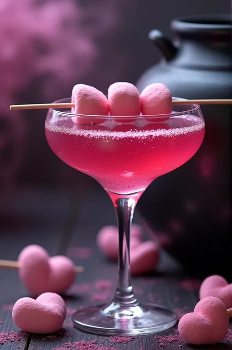 High quality photo of heart shaped cocktail glass filled with pink shimmering liquid, and with paper label that the words- amortentia  love potion  is written on it. The heart shaped cocktail glass also has a pick with three melted  pink marshmellos on the...