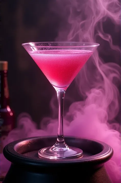   cocktail glass with the label of  Amortentia- love potion. The glass is filled  with  pink shimmering  liquid  to the top, and the glass is out side of black cauldron  with mystical smoke and a pink lighting 