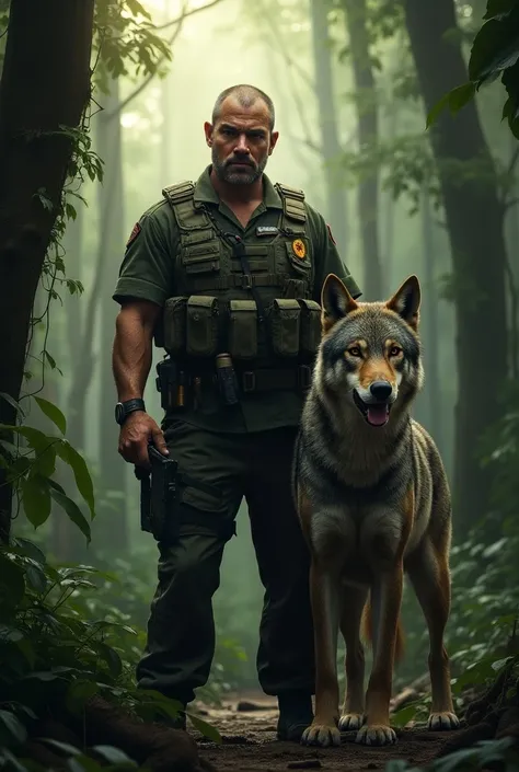 Generate an image for me of a man with military features and next to him a training wolf, In the background a jungle  