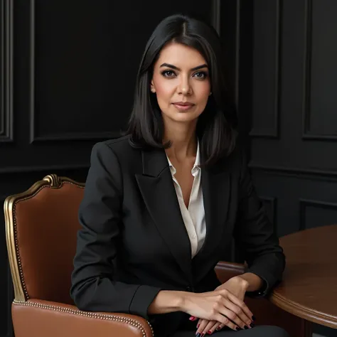 beautiful Javanese woman, proportional body, sharp nose, straight shoulder length black hair wearing office clothes like a cream colored career woman sitting in a luxurious chair and in front of her round table with a black wall background, realistic