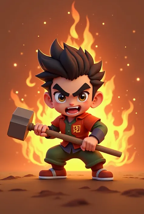  is not vicious while holding mace，Qin logo ，3d cartoon， with angry flames in magma in the background。