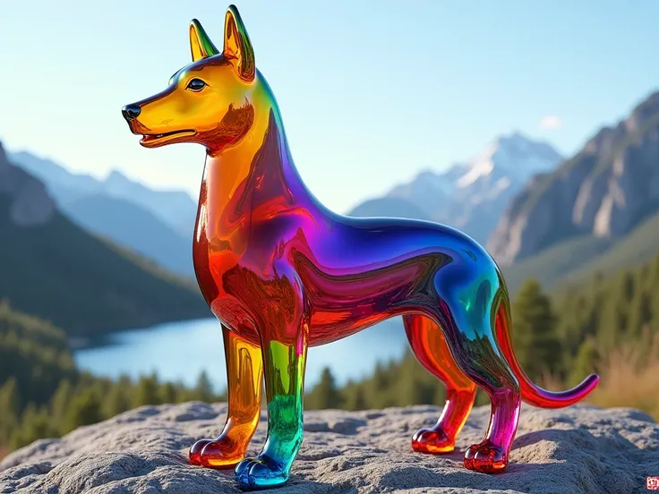 A 6D 64K render of a glass rainbow dog with a gradient of colors, including gold, red, dark blue, green, pink, and purple. The dog is designed in the style of Alonzo, with intricate details and flowing lines. The background is a serene landscape with mount...