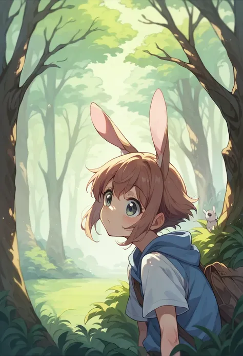 In the forest、リュックを背負って走っている子rabbit、cute、 composition seen from the side 、rabbit