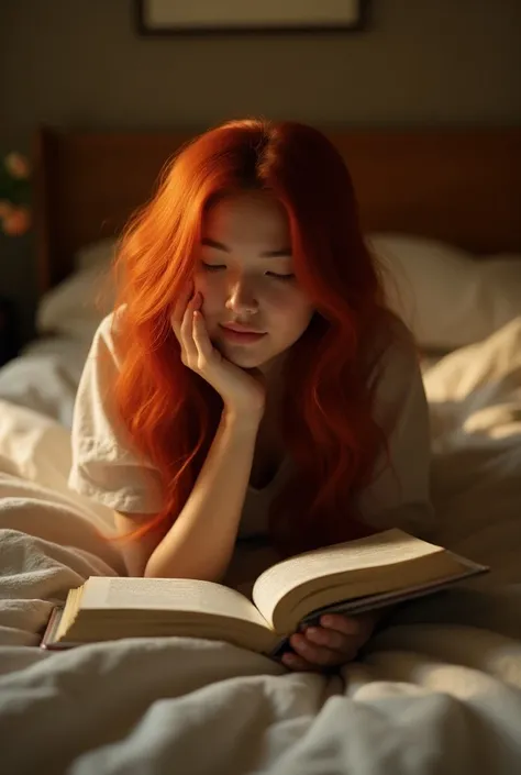 Girl with red hair lying on her belly on a bed and reading