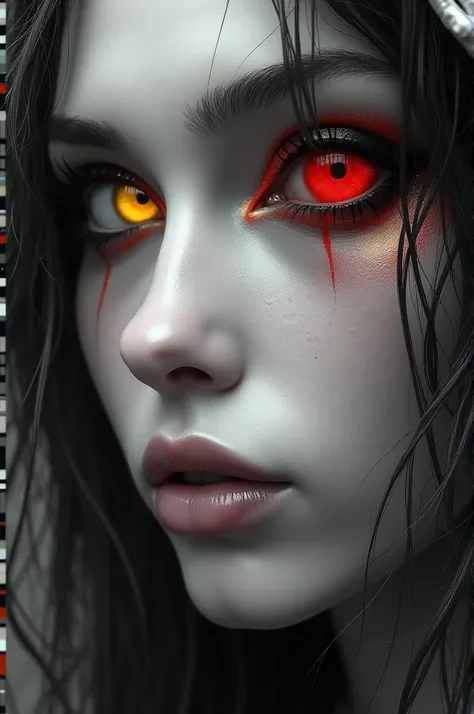 a masterpiece close-up, (etheric being, a God: 1.2),, heterochromia xanthochromia red eyes, chiaroscuro, black and white painting, (best quality,4k,8k,highres,masterpiece:1.5),(on a mountain a straw house:1.2),(Heterochromia xanthochromia red eyes:1.2),chi...