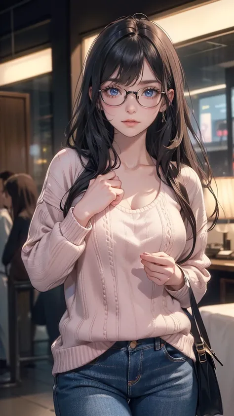 Upper body, (random porn pose),(Highest image quality,(8k),ultra-realistic,best quality, Long hair with Bangs, Black hair, Wearing Glasses, high quality, Pink Eyes,  high definition, high quality texture,high detail,beautiful detailed,fine detailed,extreme...